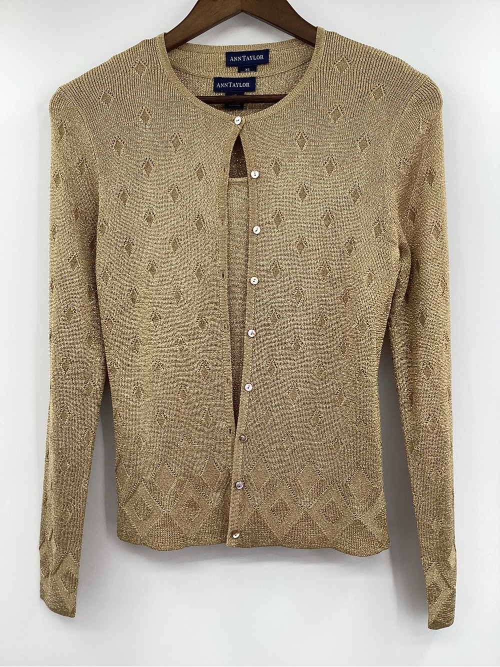 Ann Taylor Metallic Pointelle Button-Front Cardigan and Top Set